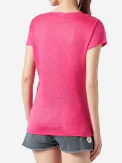Damen-T-Shirt aus fuchsiafarbenem Leinen