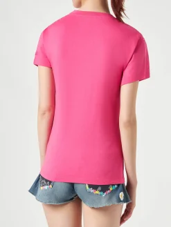 Damen-T-Shirt aus fuchsiafarbener Baumwolle mit Stickerei