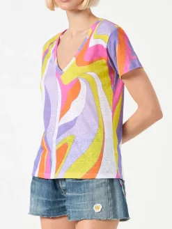 Damen-T-Shirt aus Leinen mit Wellendruck