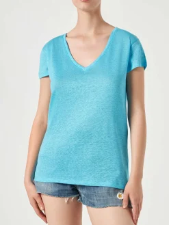 Damen-T-Shirt aus türkisfarbenem Leinen