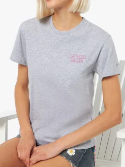 Damen-T-Shirt Emilie aus Baumwolljersey mit Rundhalsausschnitt und La Vedo Grigia-Stickerei