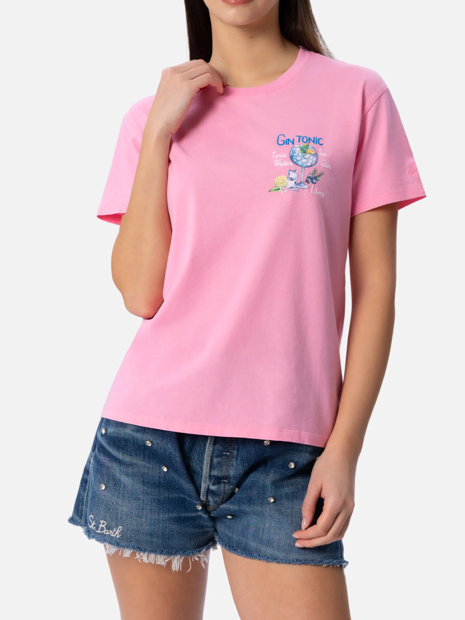 Damen-T-Shirt Emilie aus Baumwolljersey mit Rundhalsausschnitt und Gin Tonic-Stickerei