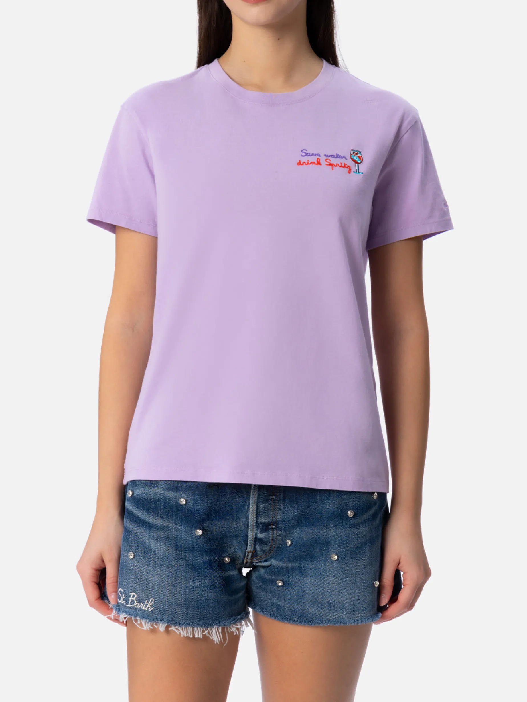 Damen-T-Shirt Emilie aus Baumwolljersey mit Rundhalsausschnitt und „Save water drink Spritz“-Stickerei