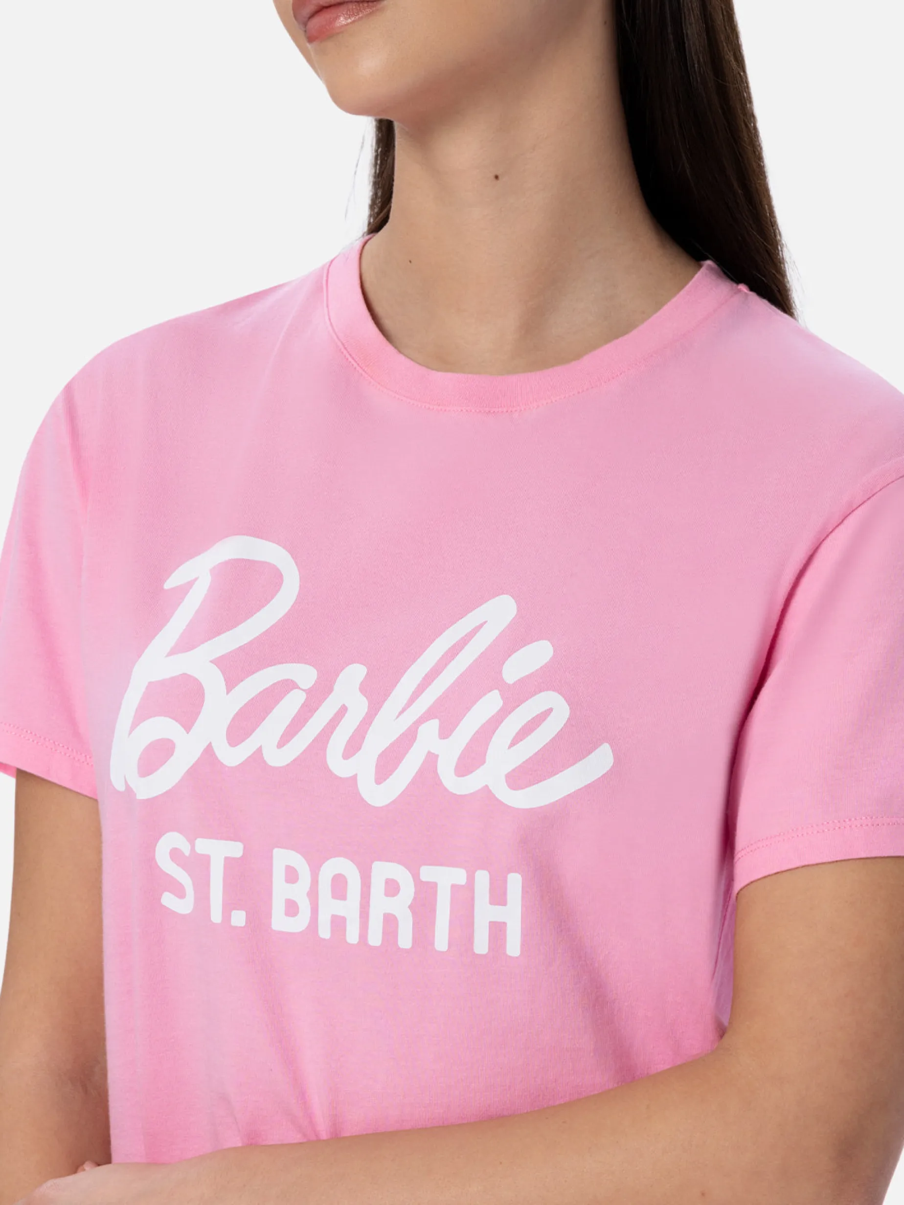 Damen-T-Shirt Emilie aus Baumwolljersey mit Rundhalsausschnitt und Barbie St. Barth-Aufdruck | BARBIE SPECIAL EDITION