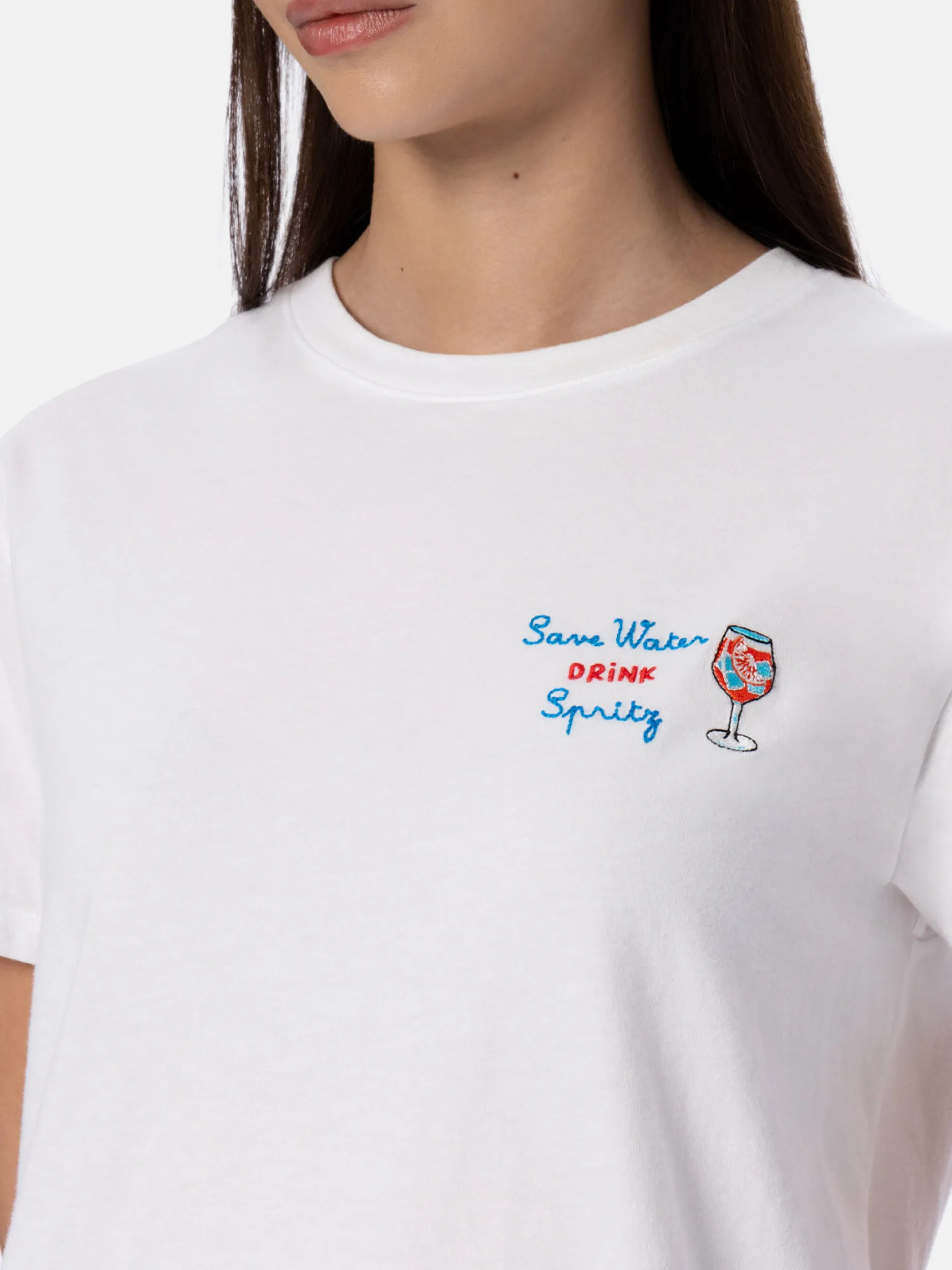 Damen-T-Shirt Emilie aus Baumwolljersey mit Rundhalsausschnitt und „Save water, Drink spritz“-Stickerei