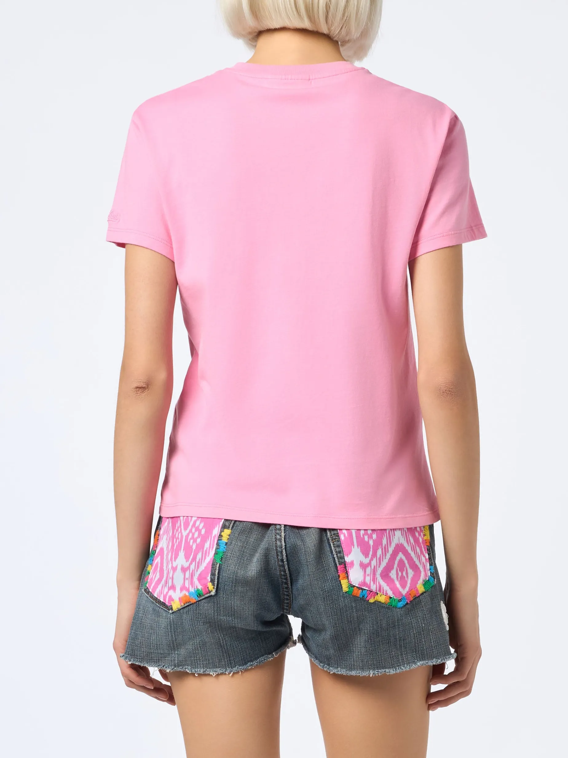 Damen-T-Shirt Emilie aus Baumwolljersey mit Rundhalsausschnitt und „Stressed but Well Dressed“-Stickerei