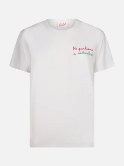 Damen-T-Shirt Emilie aus Baumwolljersey mit Rundhalsausschnitt und „Ne Parliamo a Settembre“-Stickerei