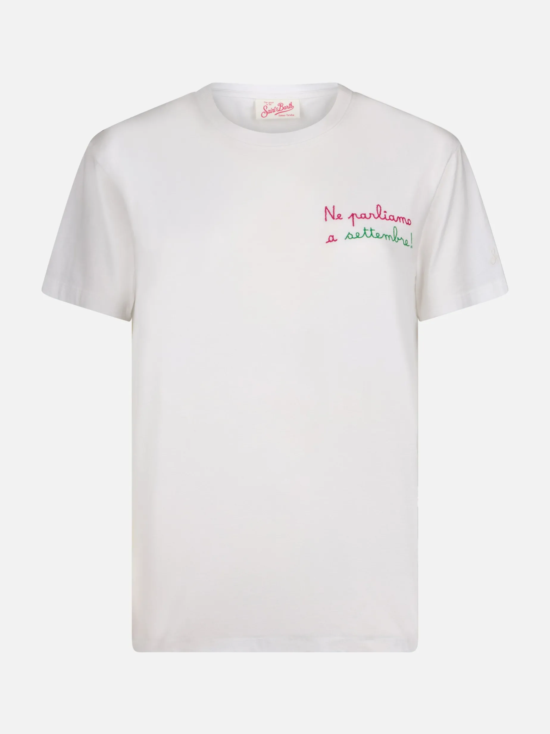 Damen-T-Shirt Emilie aus Baumwolljersey mit Rundhalsausschnitt und „Ne Parliamo a Settembre“-Stickerei