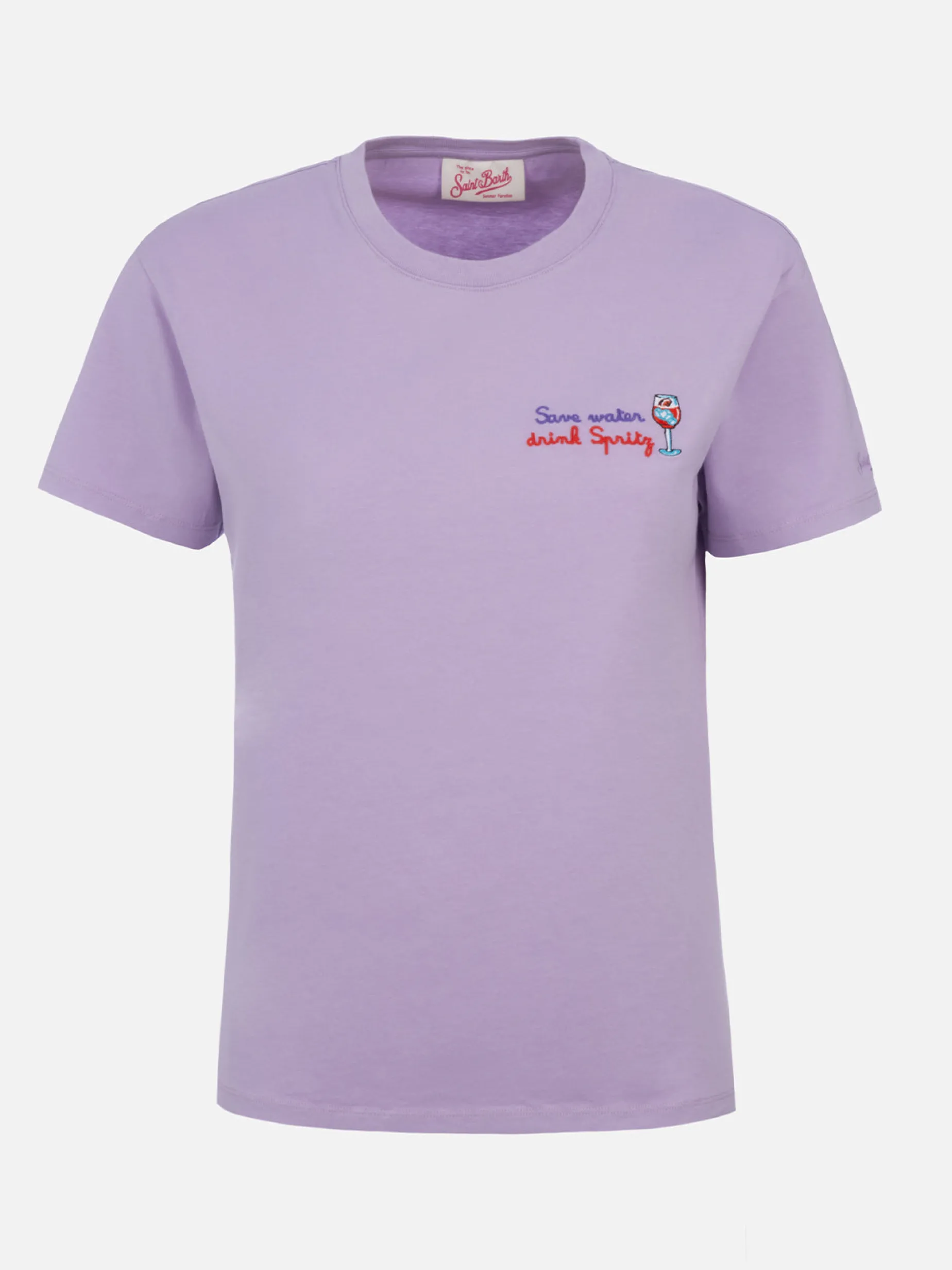 Damen-T-Shirt Emilie aus Baumwolljersey mit Rundhalsausschnitt und „Save water drink Spritz“-Stickerei