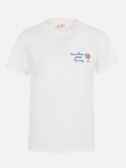 Damen-T-Shirt Emilie aus Baumwolljersey mit Rundhalsausschnitt und „Save water, Drink spritz“-Stickerei
