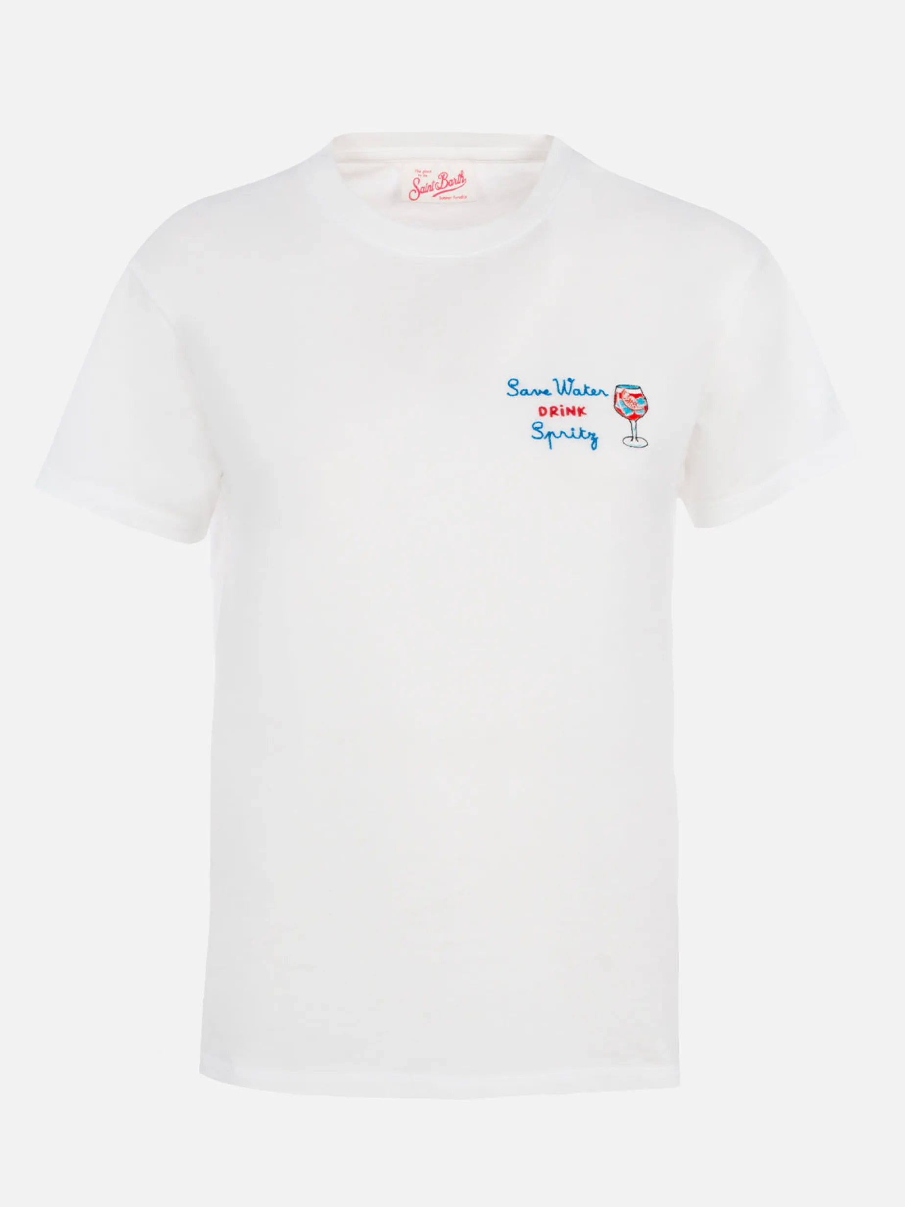 Damen-T-Shirt Emilie aus Baumwolljersey mit Rundhalsausschnitt und „Save water, Drink spritz“-Stickerei