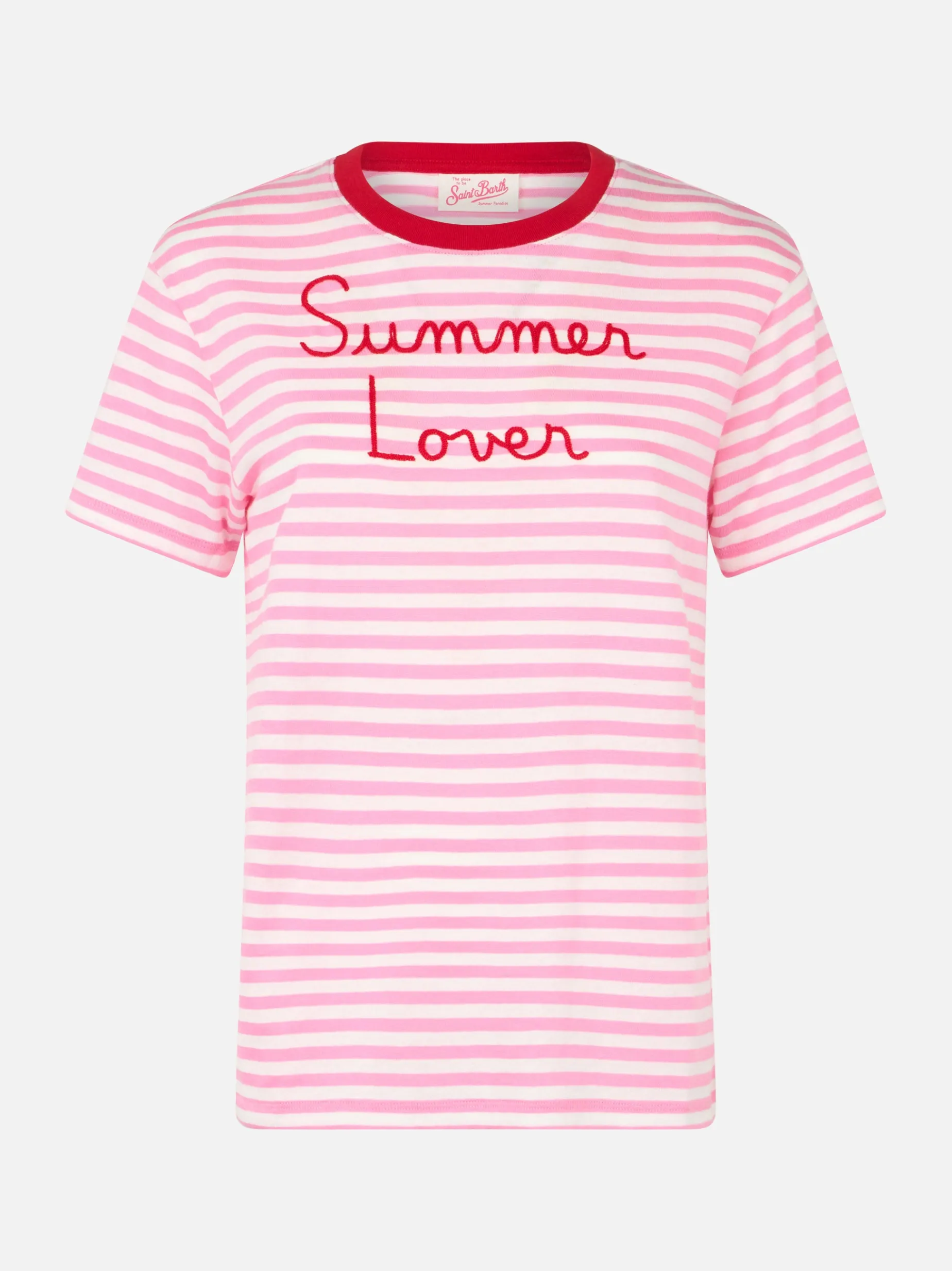 Damen-T-Shirt Emilie aus gestreiftem Baumwolljersey mit Rundhalsausschnitt und „Summer Lover“-Stickerei
