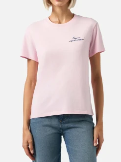 Damen-T-Shirt Emilie aus schwerer Baumwolle in Rosa mit „Vacanze negare“-Stickerei | VACANZE DI NATALE SONDERAUSGABE