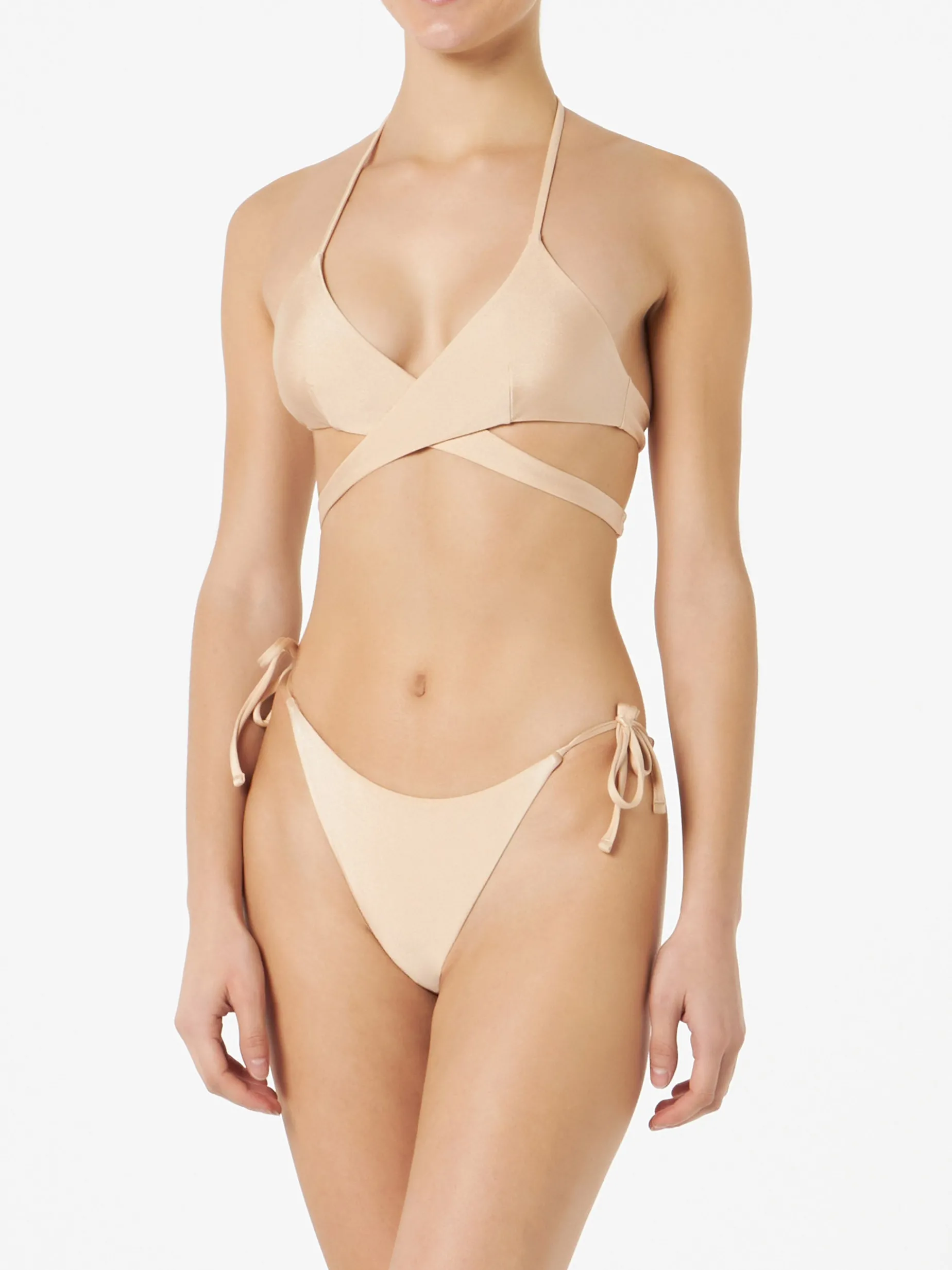 Damen-Wickel-Triangel-Bikini in glänzendem Beige