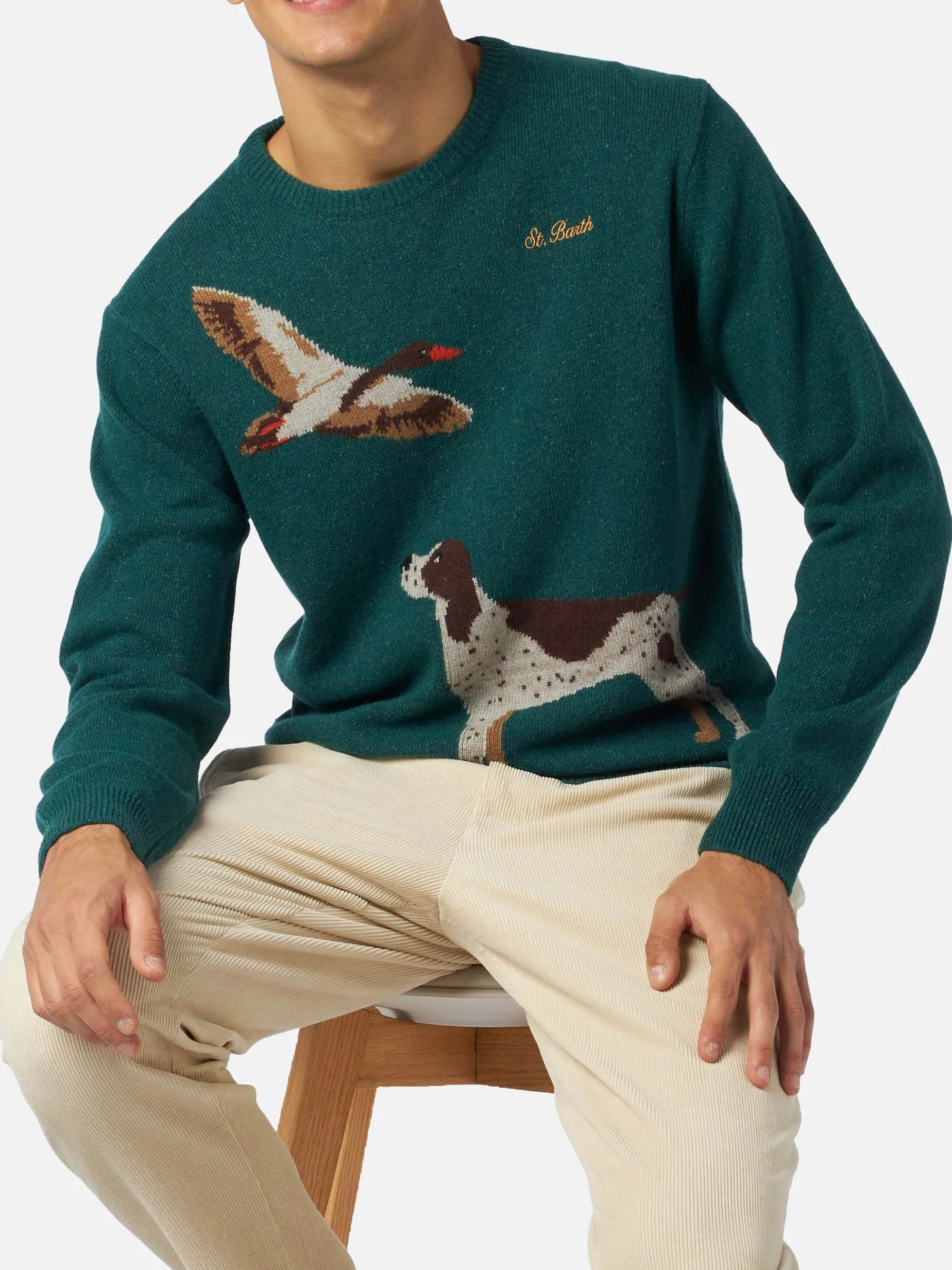 Donegal-Pullover für Herren mit Rundhalsausschnitt und Jacquard-Aufdruck mit Landhund