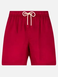 Einfarbige Badeshorts aus mittellangem Leinen in Bordeaux