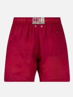 Einfarbige Badeshorts aus mittellangem Leinen in Bordeaux