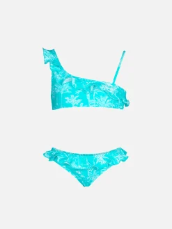 Einschultriger Toile-de-Jouy-Rüschenbikini für Mädchen