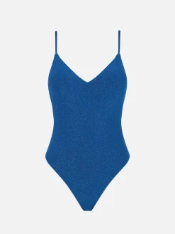 Einteiler mit V-Ausschnitt aus blauem Lurex