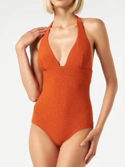 Einteiliger Badeanzug in Orange aus Lurex