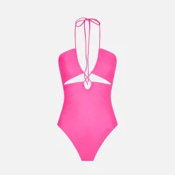 Einteiliger Badeanzug mit Ausschnitten in Neonrosa
