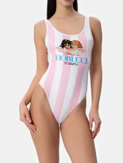 Einteiliger Damen-Badeanzug mit Scoopback-Streifendruck | FIORUCCI-SONDERAUSGABE