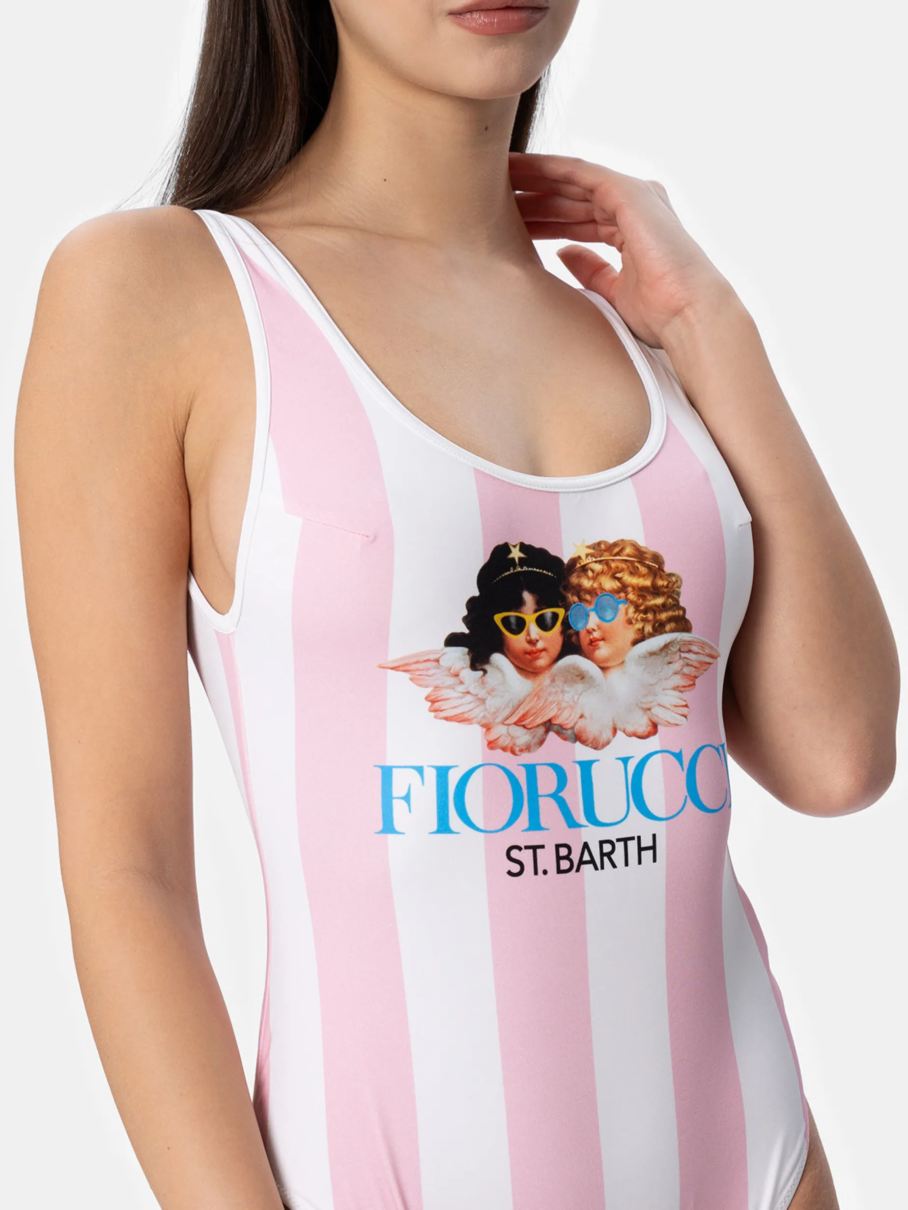 Einteiliger Damen-Badeanzug mit Scoopback-Streifendruck | FIORUCCI-SONDERAUSGABE