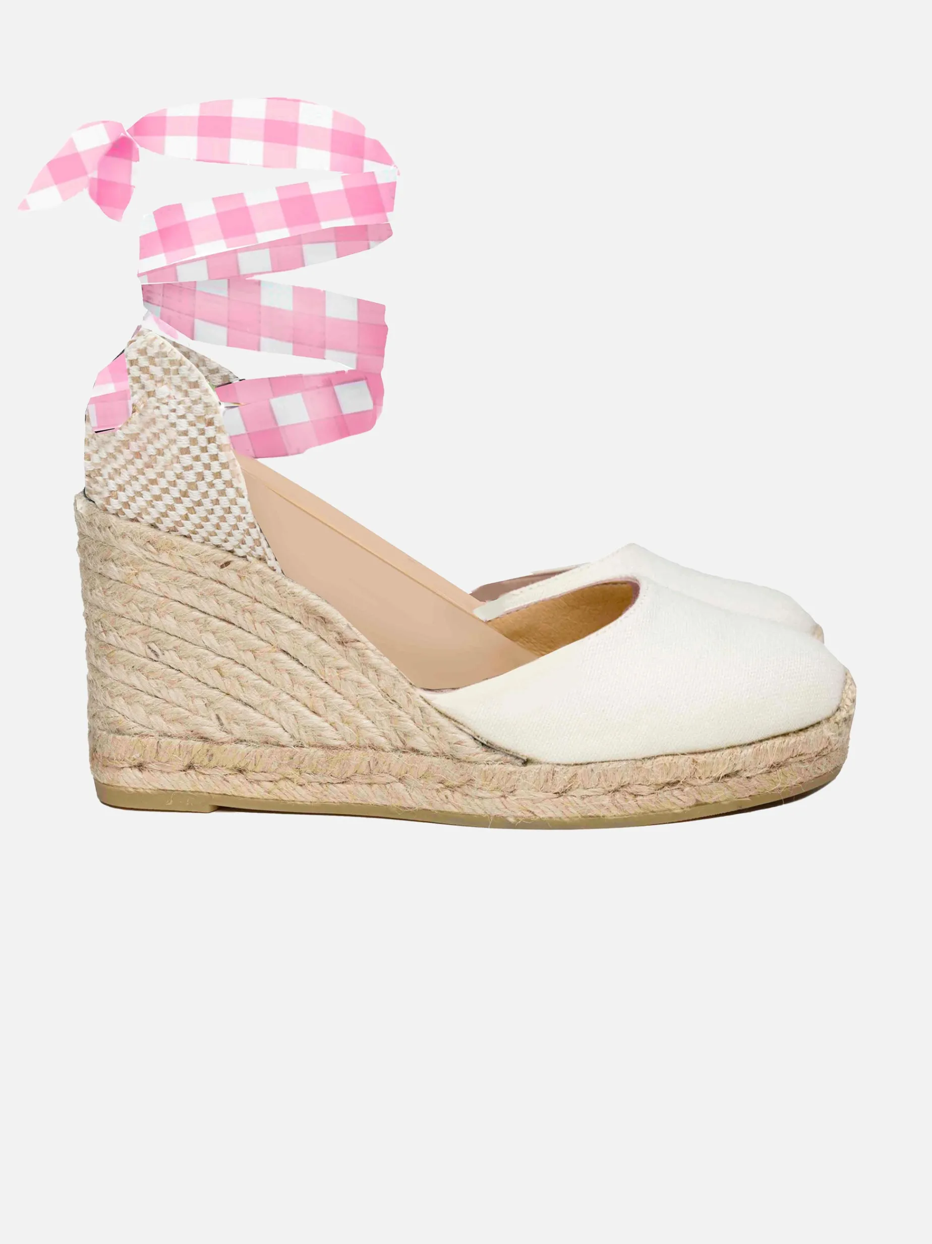 Espadrillas aus Canvas mit Naturdruck, hohem Keilabsatz und Knöchelspitze