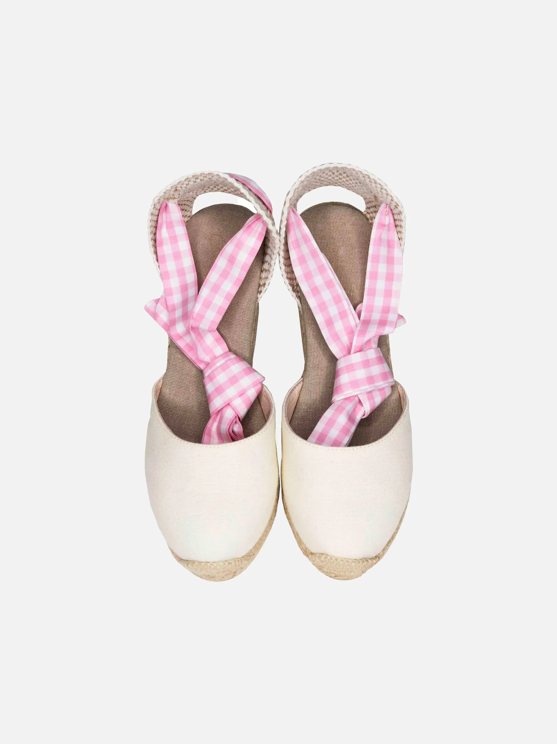 Espadrillas aus Canvas mit Naturdruck, hohem Keilabsatz und Knöchelspitze