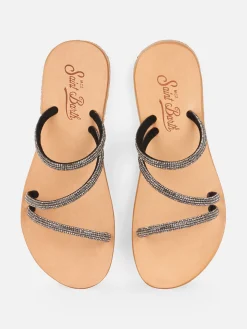 Flache Sandalen Cora mit schwarzen Strasssteinen
