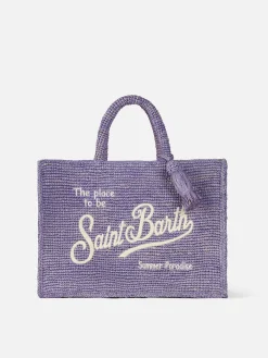 Fliederfarbene Colette Raffia-Handtasche mit Stickerei