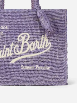 Fliederfarbene Colette Raffia-Handtasche mit Stickerei