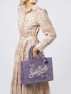 Fliederfarbene Colette Raffia-Handtasche mit Stickerei