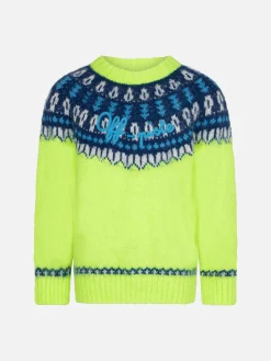 Fluogelber Jungenpullover mit isländischem Jacquard