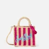 Fuchsia gestreifte Mini Vanity Basttasche mit Stickerei