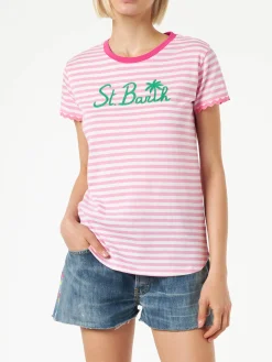 Fuchsia gestreiftes Baumwoll-T-Shirt mit St. Barth-Stickerei