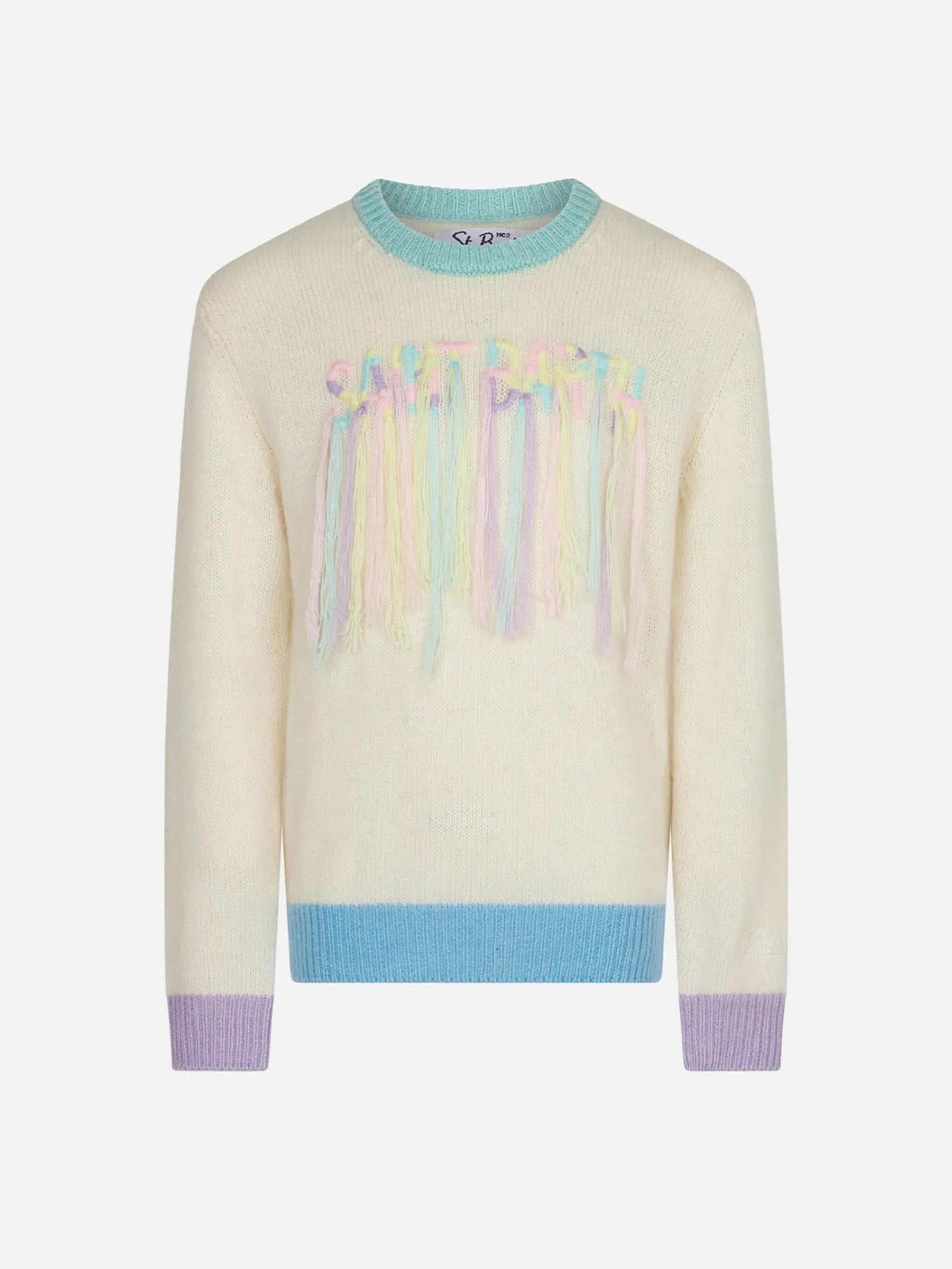 Gebürsteter Mädchenpullover mit Fransenstickerei