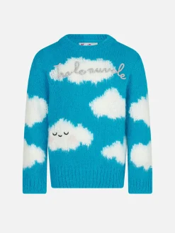 Gebürsteter Mädchenpullover mit Tra le nuvole-Stickerei