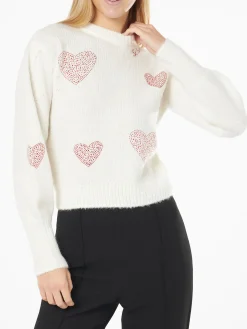 Gebürsteter weißer Damenpullover mit Strassherzen