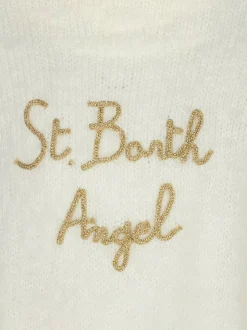 Gebürsteter weißer Mädchenpullover mit Rundhalsausschnitt und Stickerei