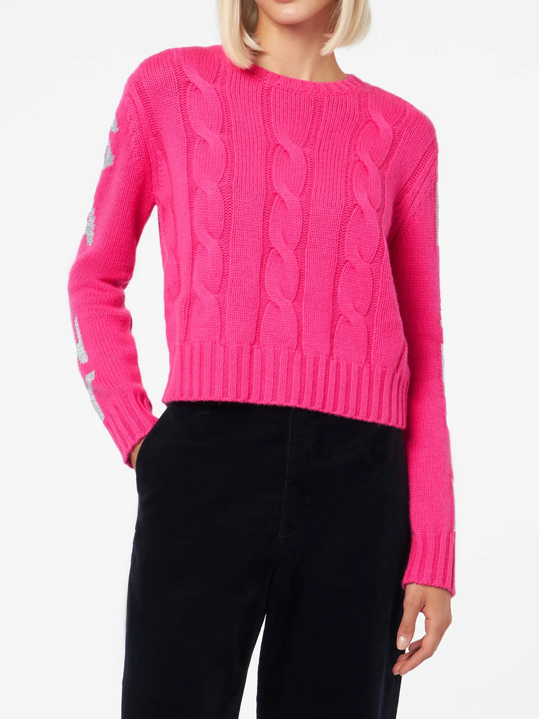 Geflochtener Damenpullover mit Rundhalsausschnitt und Saint-Barth-Lurex-Print
