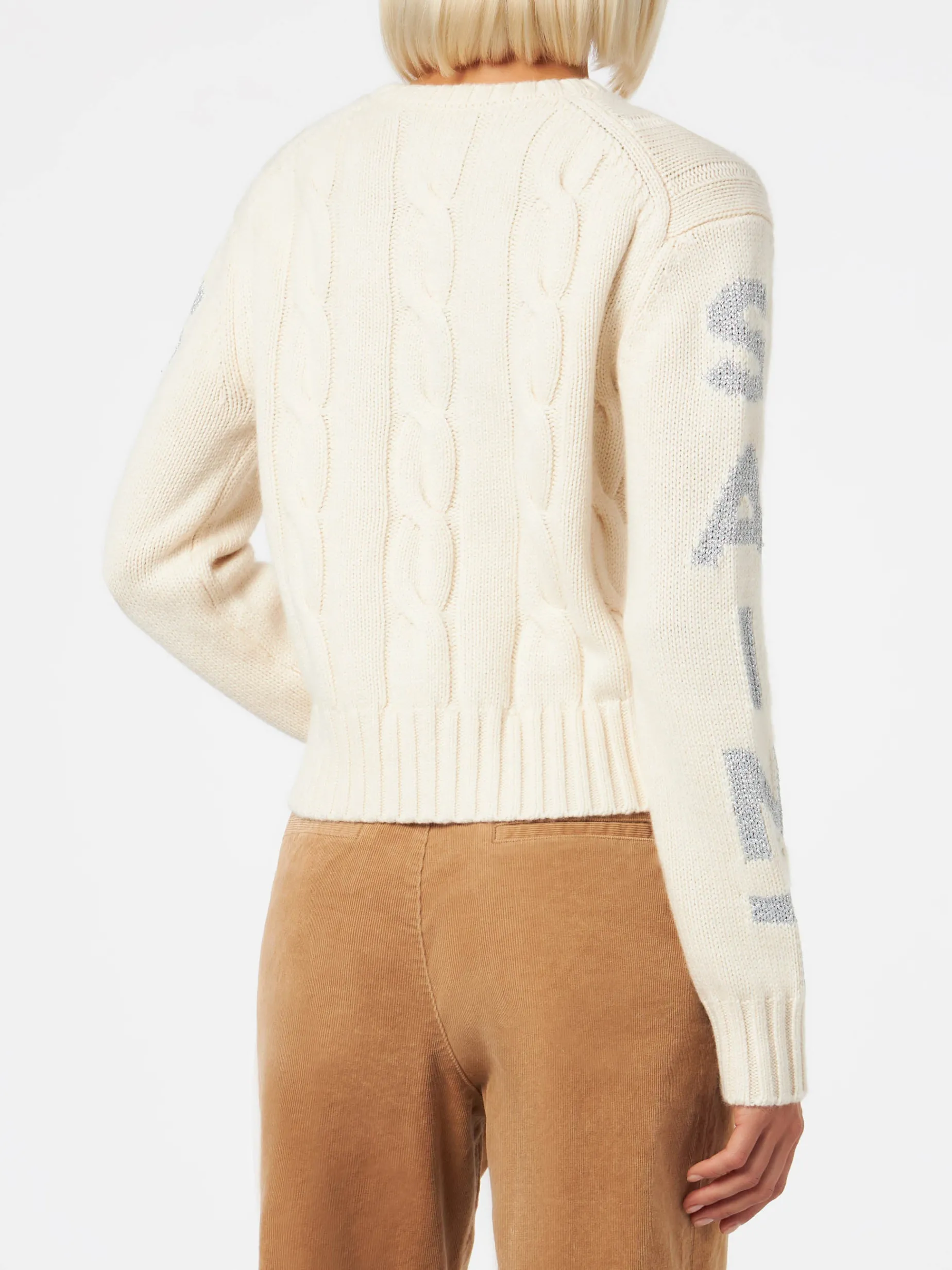 Geflochtener Damenpullover mit Rundhalsausschnitt und Saint-Barth-Lurex-Print