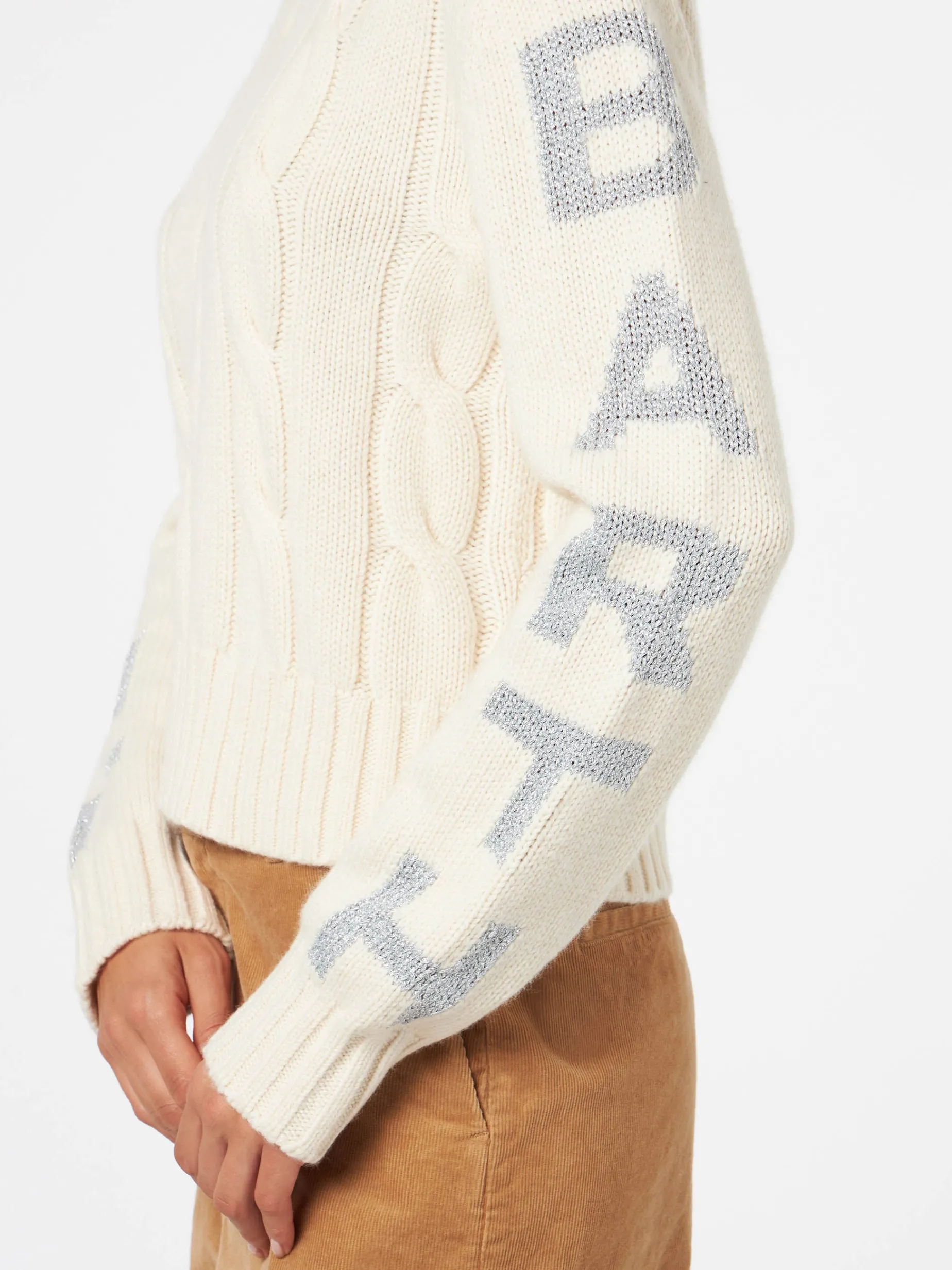 Geflochtener Damenpullover mit Rundhalsausschnitt und Saint-Barth-Lurex-Print