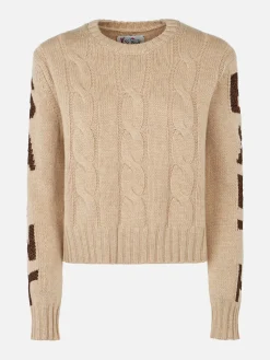 Geflochtener Damenpullover mit Rundhalsausschnitt und Saint-Barth-Lurex-Print