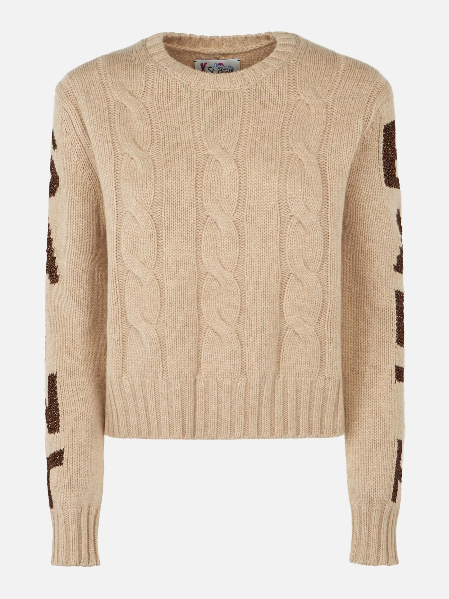 Geflochtener Damenpullover mit Rundhalsausschnitt und Saint-Barth-Lurex-Print