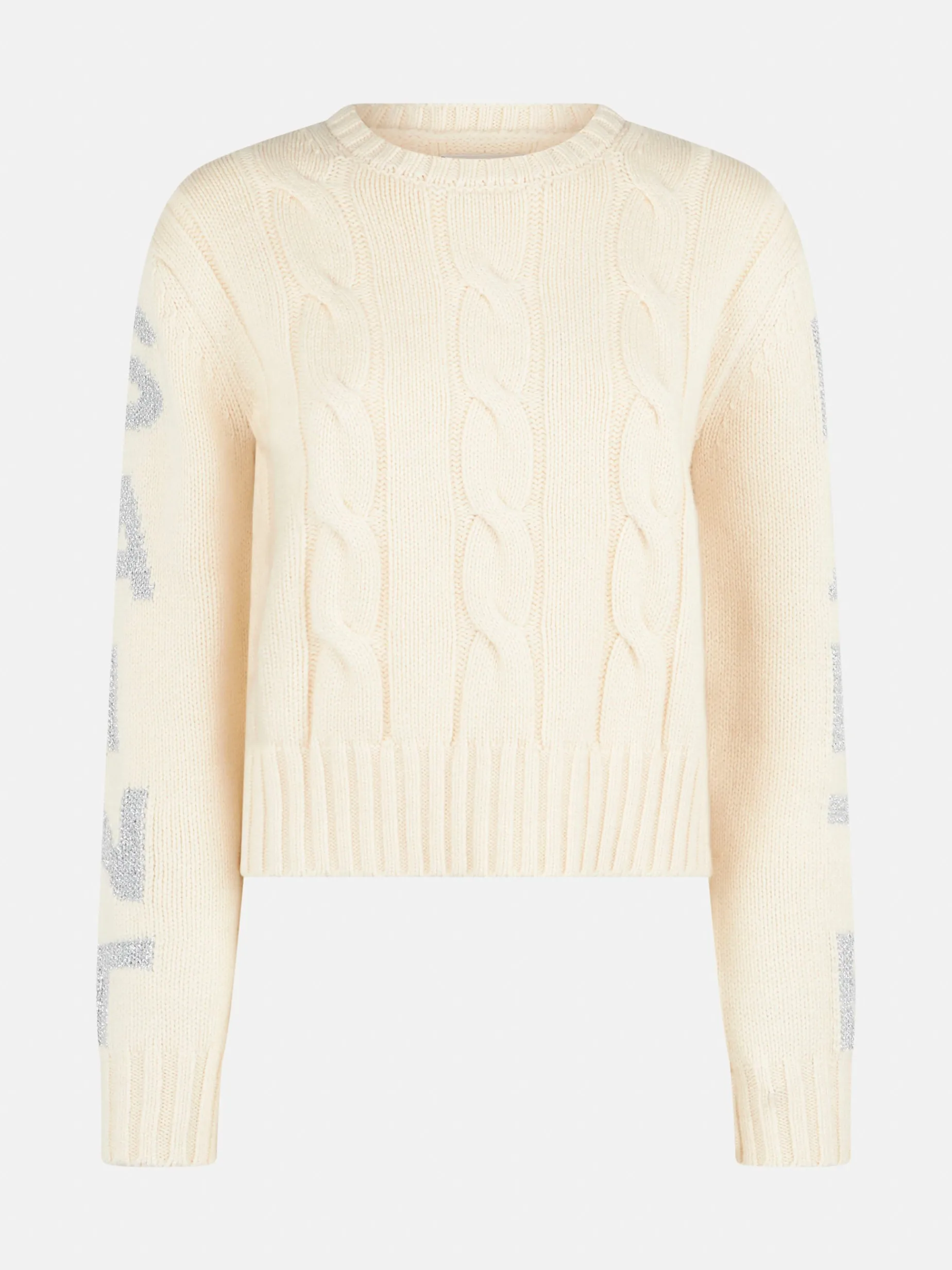 Geflochtener Damenpullover mit Rundhalsausschnitt und Saint-Barth-Lurex-Print