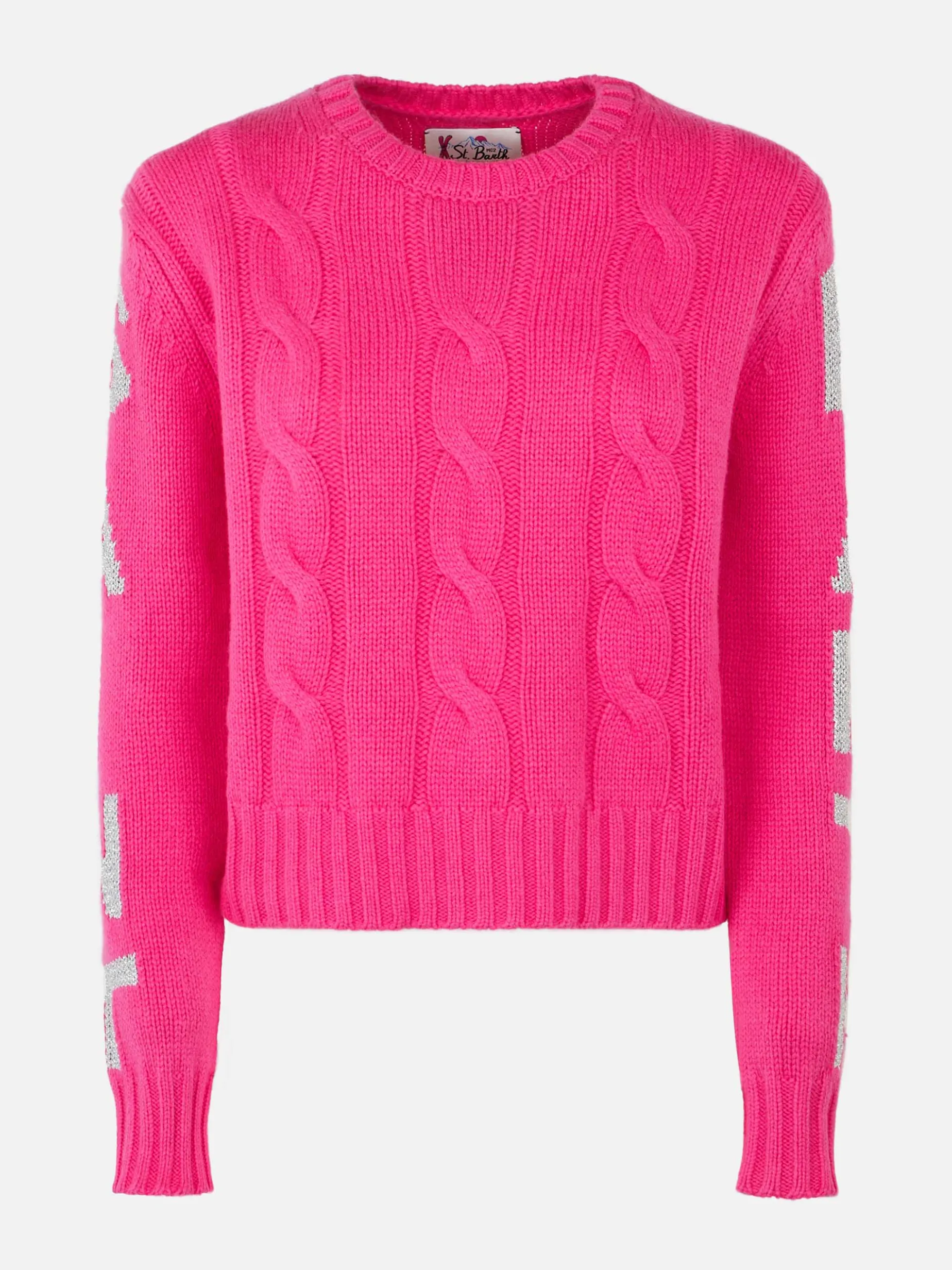 Geflochtener Damenpullover mit Rundhalsausschnitt und Saint-Barth-Lurex-Print