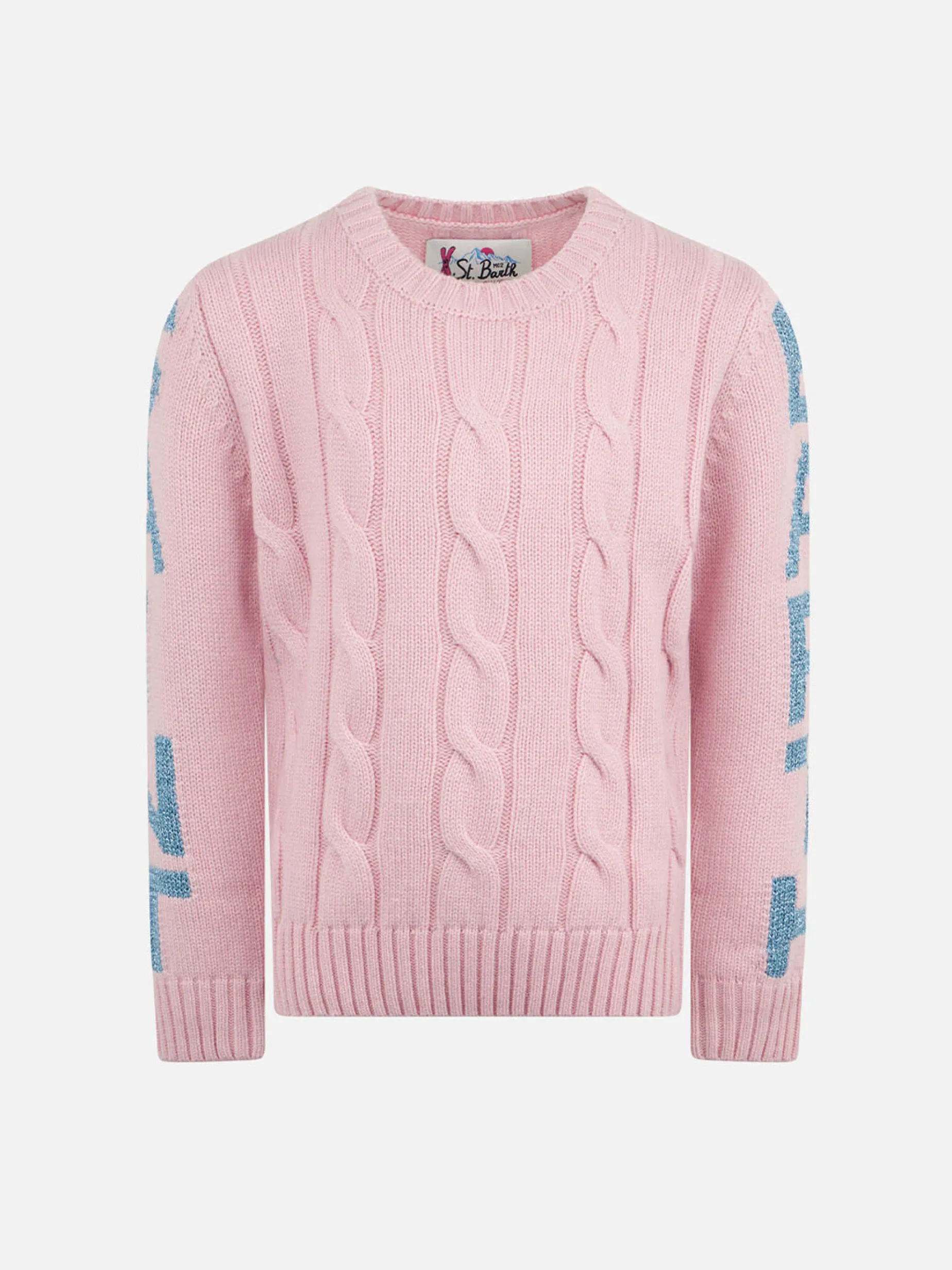 Geflochtener Mädchenpullover mit Rundhalsausschnitt und Saint-Barth-Lurex-Print