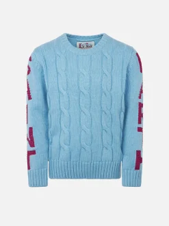 Geflochtener Mädchenpullover mit Rundhalsausschnitt und Saint-Barth-Lurex-Print