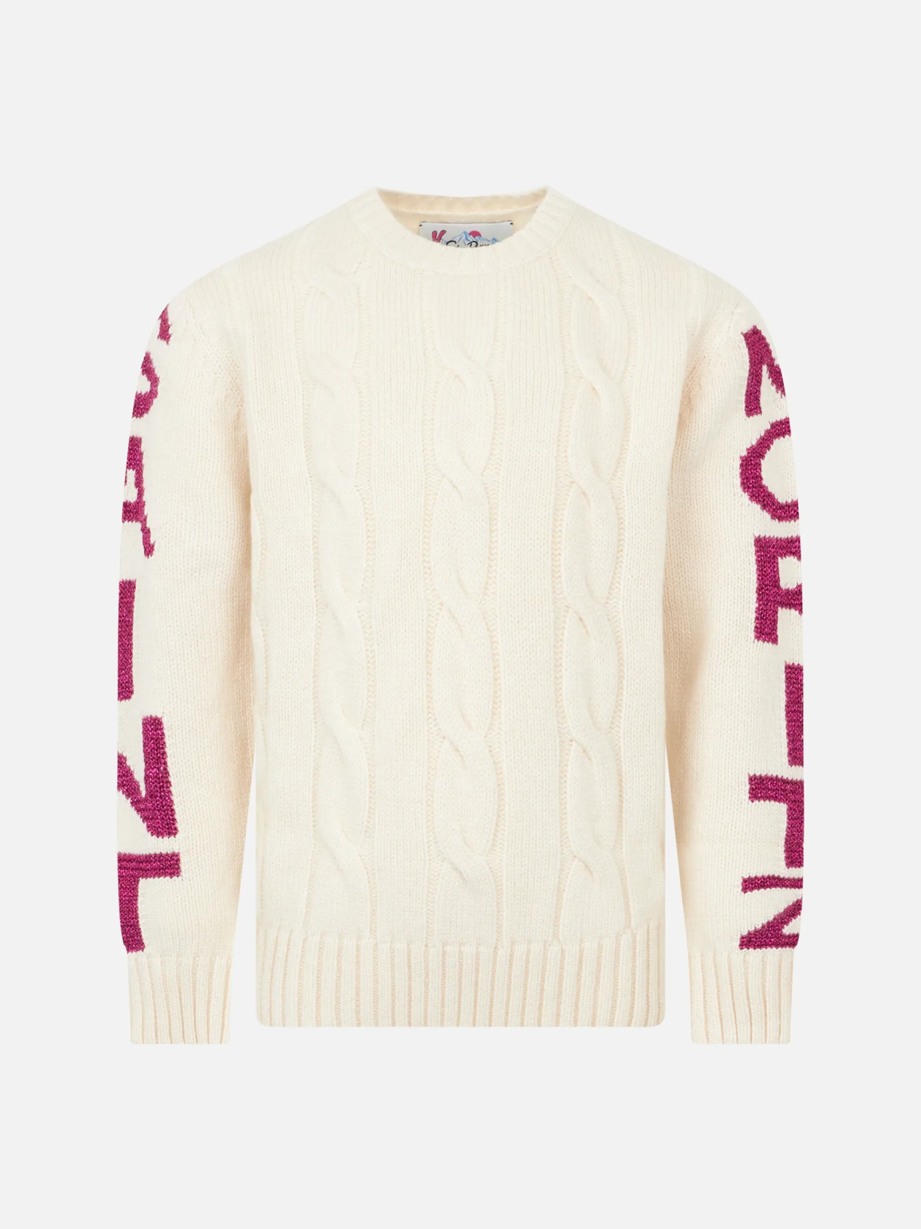 Geflochtener Mädchenpullover mit Rundhalsausschnitt und Saint-Moritz-Lurex-Print